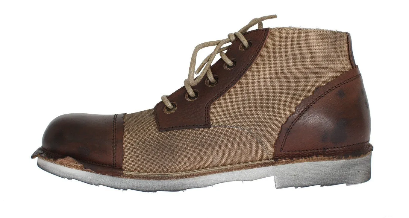 Brown Leather Linen Ankle Boots