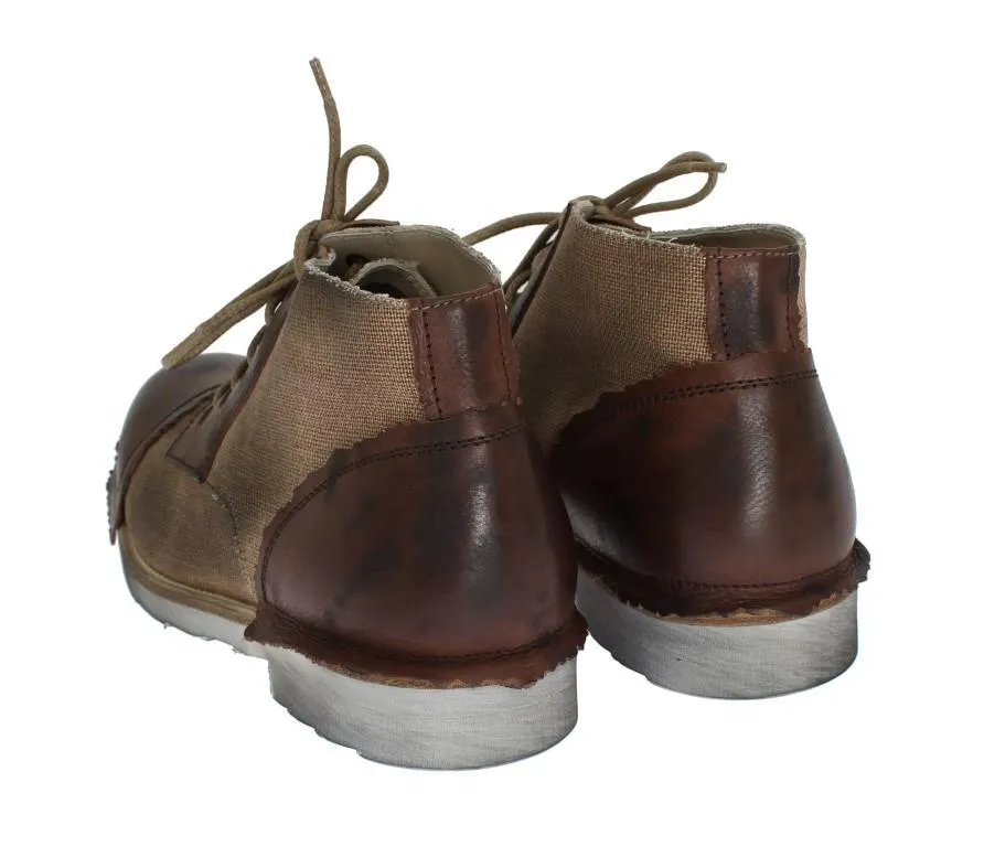 Brown Leather Linen Ankle Boots