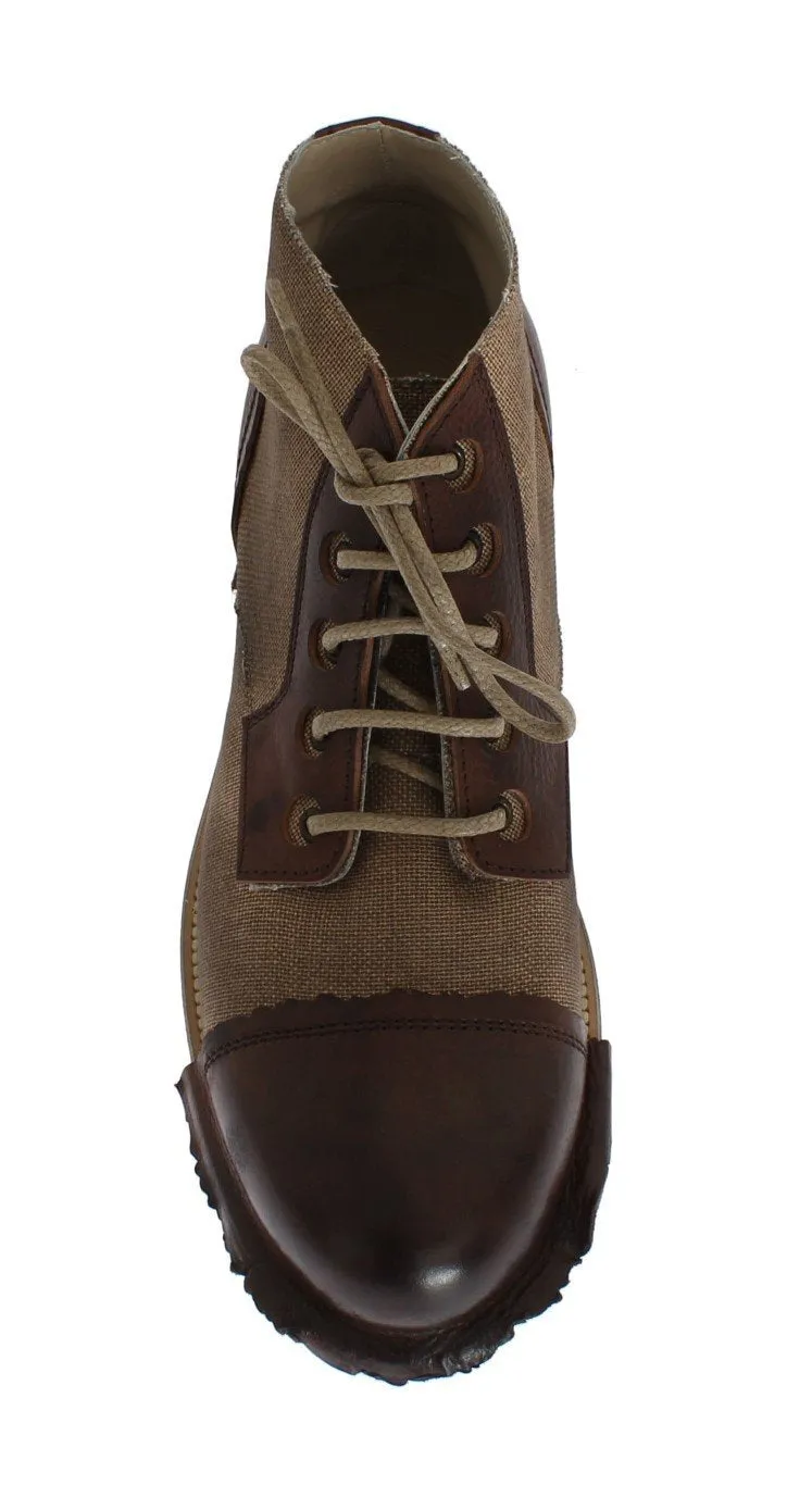 Brown Leather Linen Ankle Boots