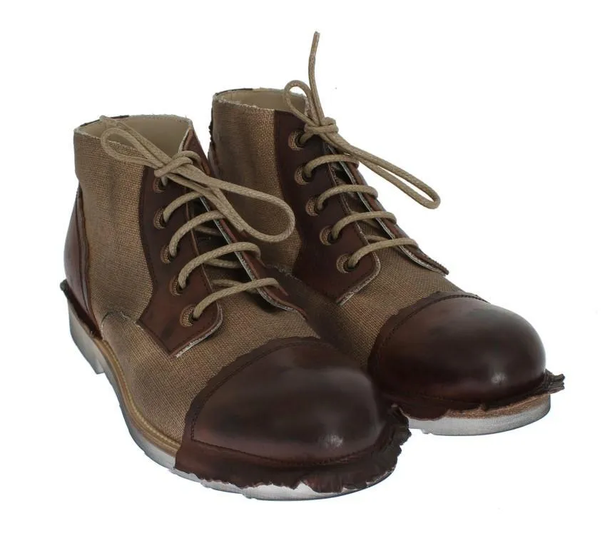 Brown Leather Linen Ankle Boots