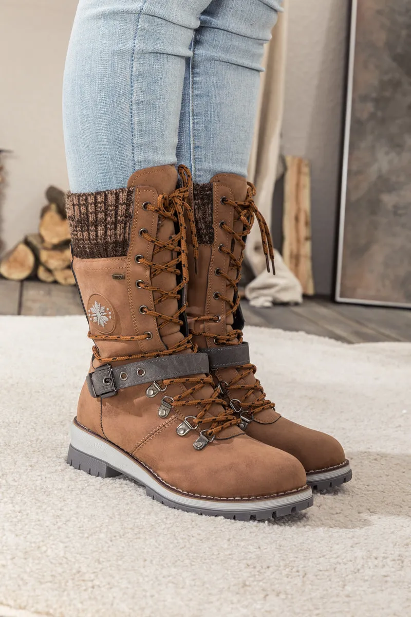 Brown Ribbed-Cuff Buckle-Strap Boot