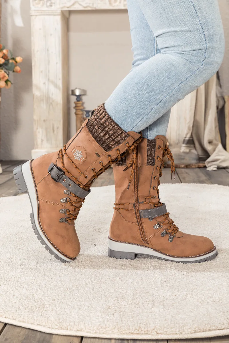 Brown Ribbed-Cuff Buckle-Strap Boot