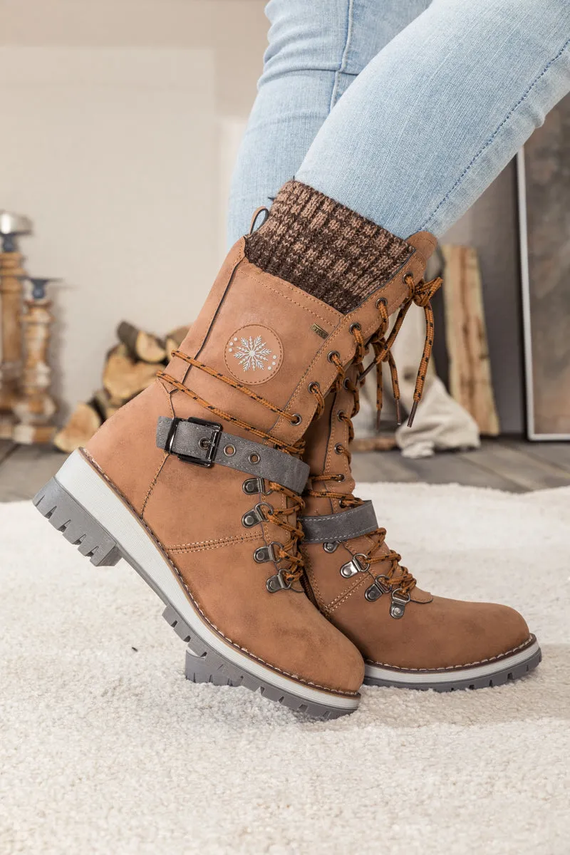 Brown Ribbed-Cuff Buckle-Strap Boot