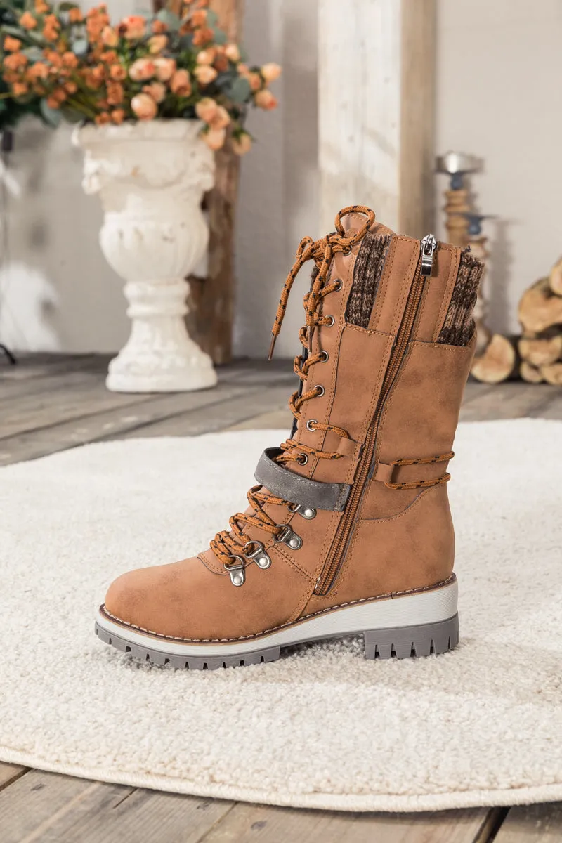 Brown Ribbed-Cuff Buckle-Strap Boot