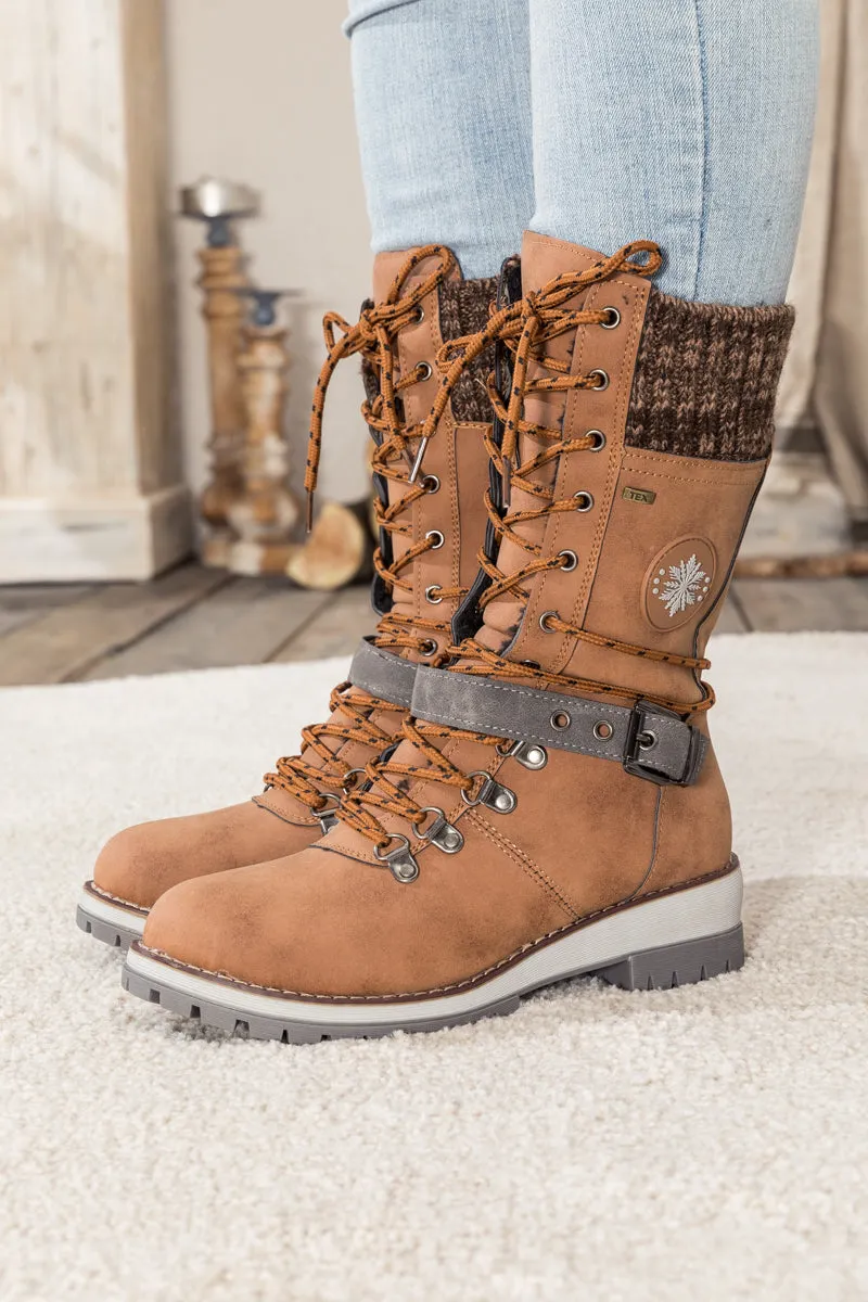 Brown Ribbed-Cuff Buckle-Strap Boot