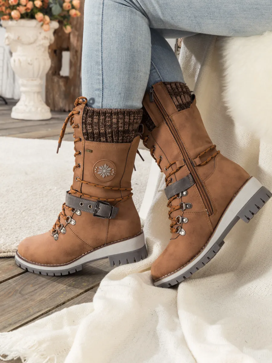 Brown Ribbed-Cuff Buckle-Strap Boot