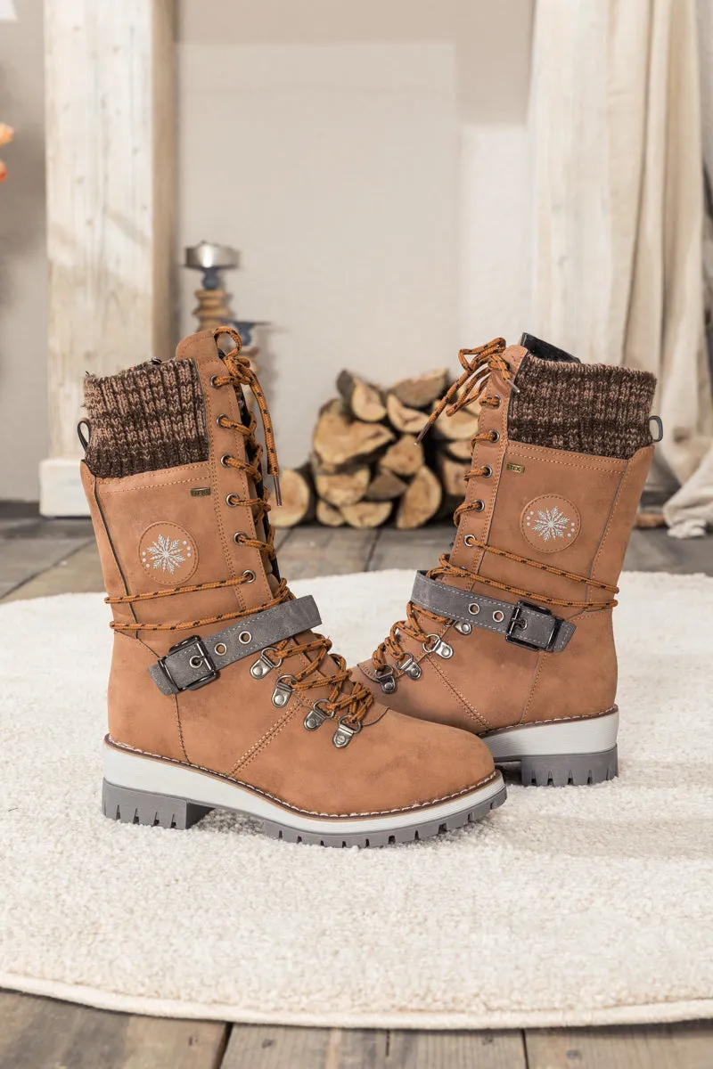 Brown Ribbed-Cuff Buckle-Strap Boot