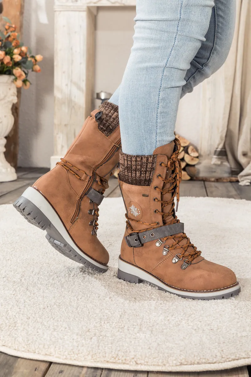 Brown Ribbed-Cuff Buckle-Strap Boot