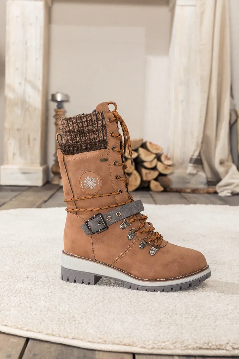 Brown Ribbed-Cuff Buckle-Strap Boot