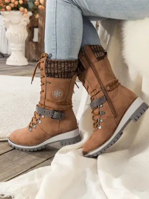 Brown Ribbed-Cuff Buckle-Strap Boot