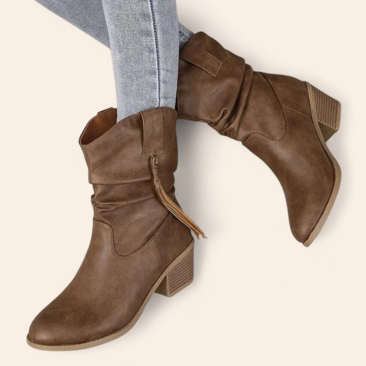 Brown vintage-style cowboy ankle boots with straps - N°62