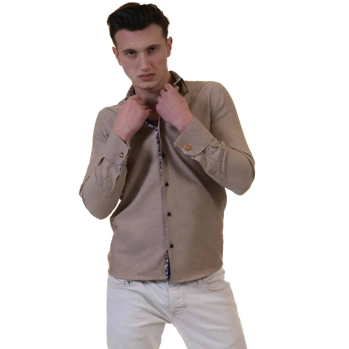 Brown White Mens Slim Fit French Cuff Shirts with Cufflink Holes - Casual and Formal