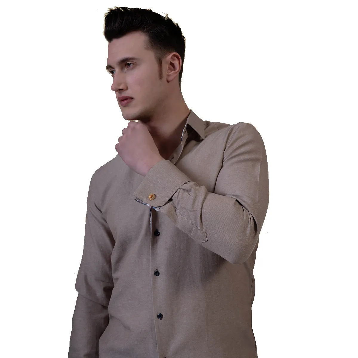 Brown White Mens Slim Fit French Cuff Shirts with Cufflink Holes - Casual and Formal