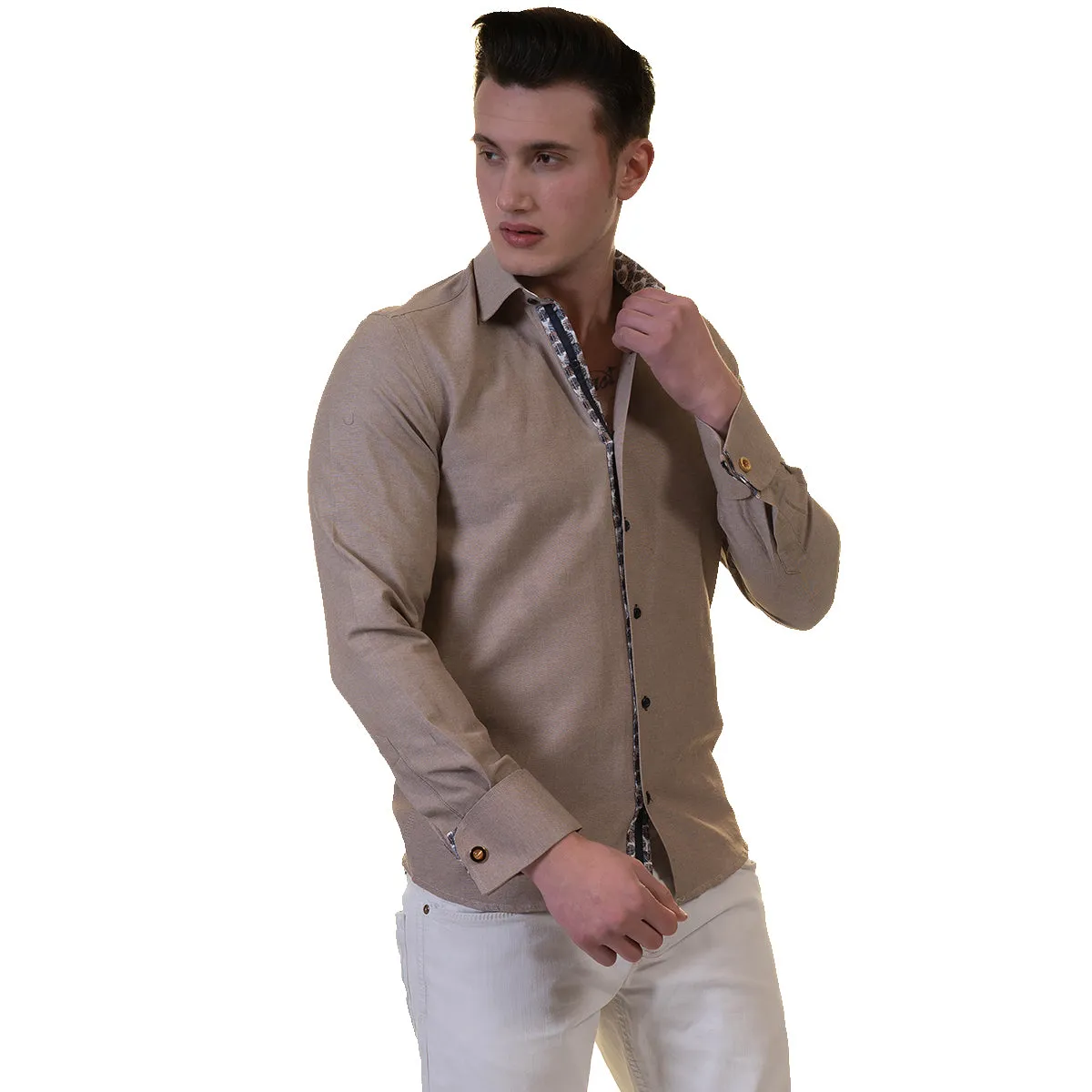 Brown White Mens Slim Fit French Cuff Shirts with Cufflink Holes - Casual and Formal