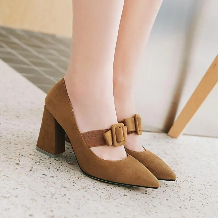 Buckle Rough-heeled High-heeled Pointed Toe Chunky Pumps Shoes Woman