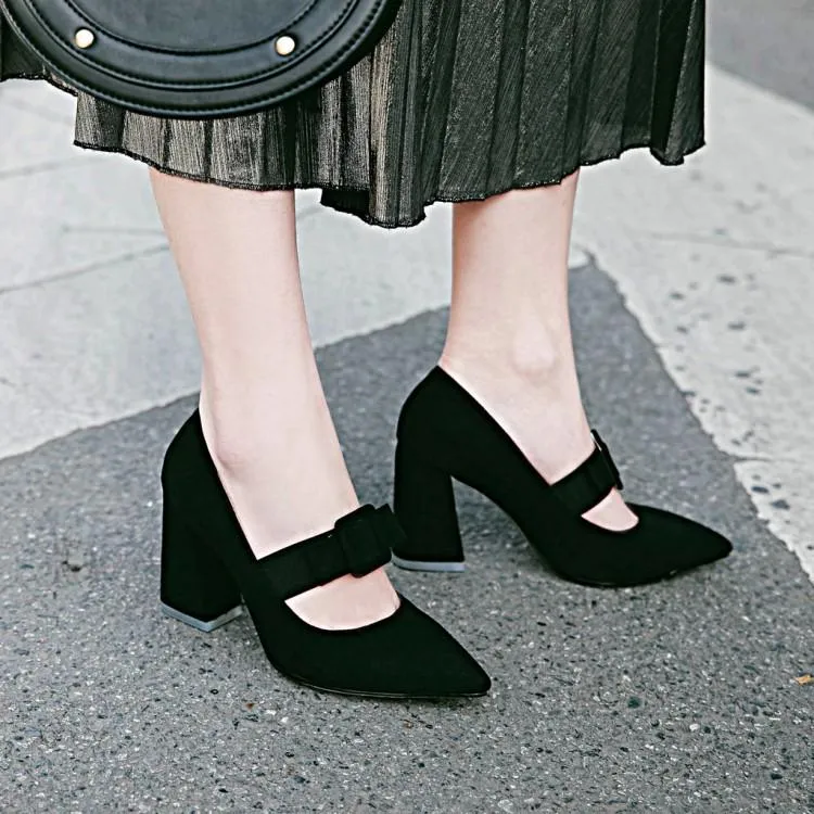 Buckle Rough-heeled High-heeled Pointed Toe Chunky Pumps Shoes Woman