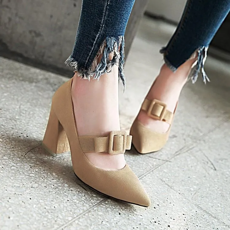 Buckle Rough-heeled High-heeled Pointed Toe Chunky Pumps Shoes Woman