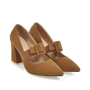 Buckle Rough-heeled High-heeled Pointed Toe Chunky Pumps Shoes Woman