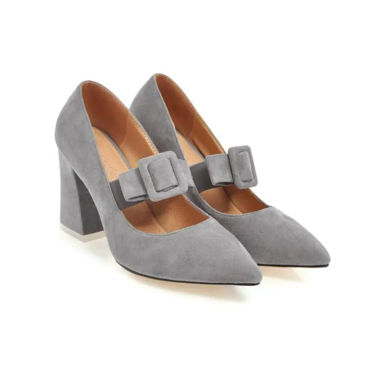 Buckle Rough-heeled High-heeled Pointed Toe Chunky Pumps Shoes Woman