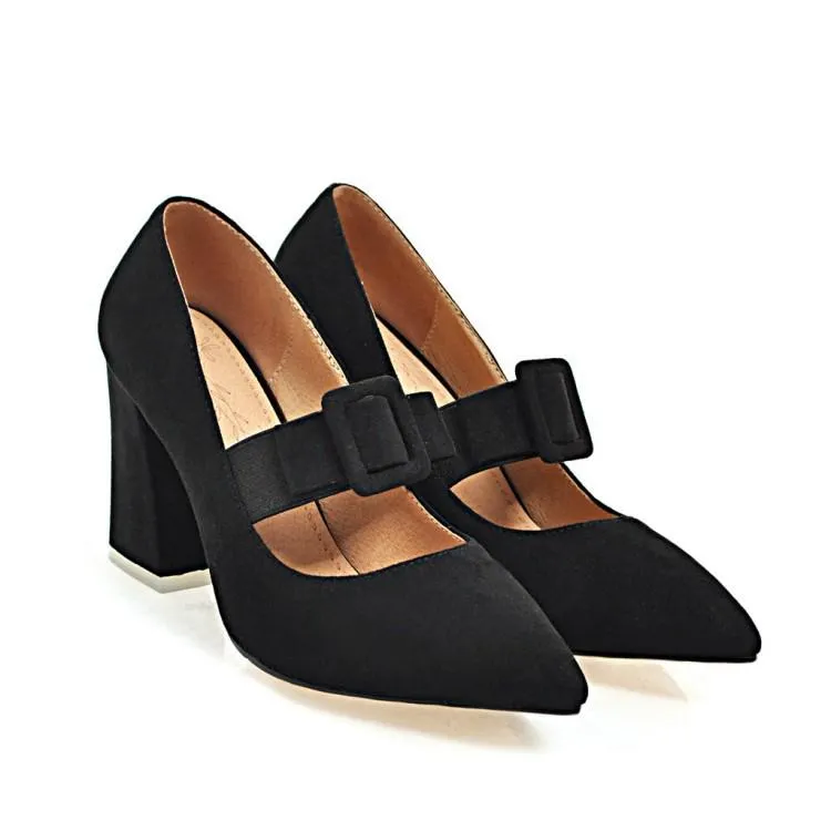 Buckle Rough-heeled High-heeled Pointed Toe Chunky Pumps Shoes Woman