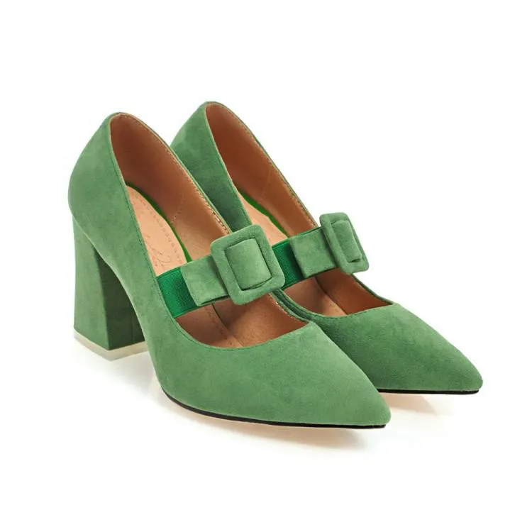 Buckle Rough-heeled High-heeled Pointed Toe Chunky Pumps Shoes Woman