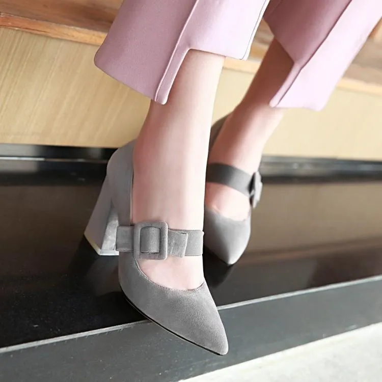 Buckle Rough-heeled High-heeled Pointed Toe Chunky Pumps Shoes Woman