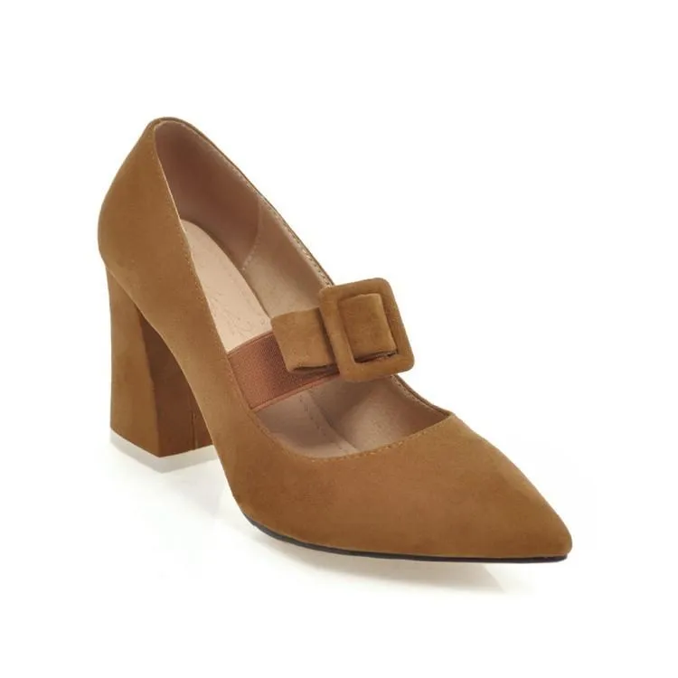 Buckle Rough-heeled High-heeled Pointed Toe Chunky Pumps Shoes Woman