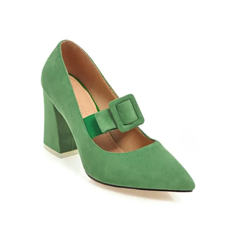 Buckle Rough-heeled High-heeled Pointed Toe Chunky Pumps Shoes Woman