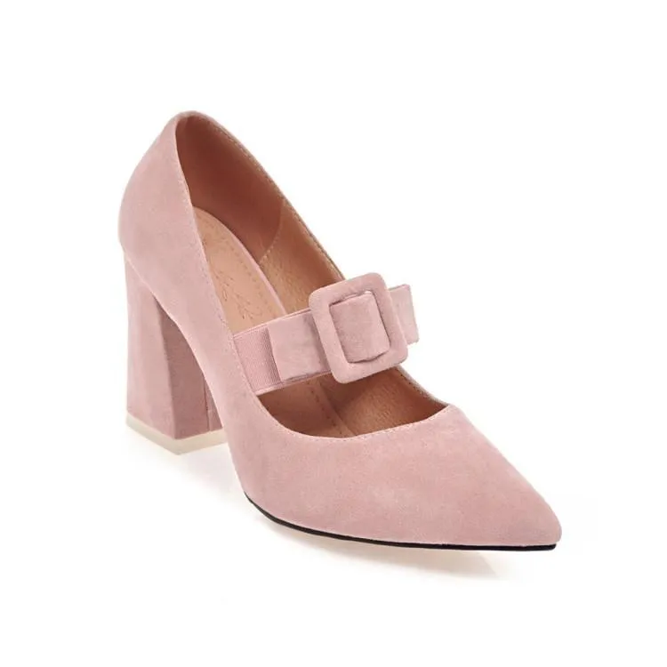 Buckle Rough-heeled High-heeled Pointed Toe Chunky Pumps Shoes Woman