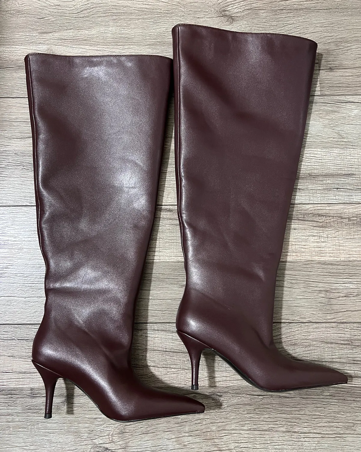 Burgundy leather over the knee wide calf boots for women