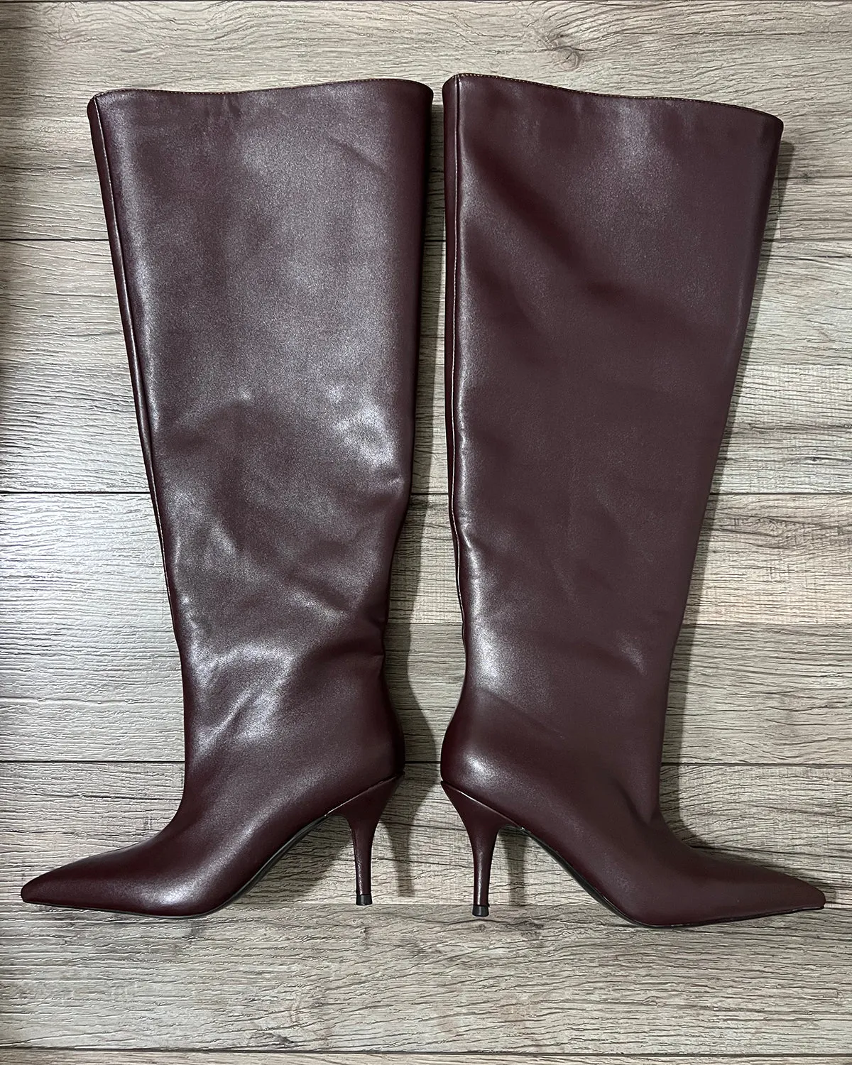 Burgundy leather over the knee wide calf boots for women