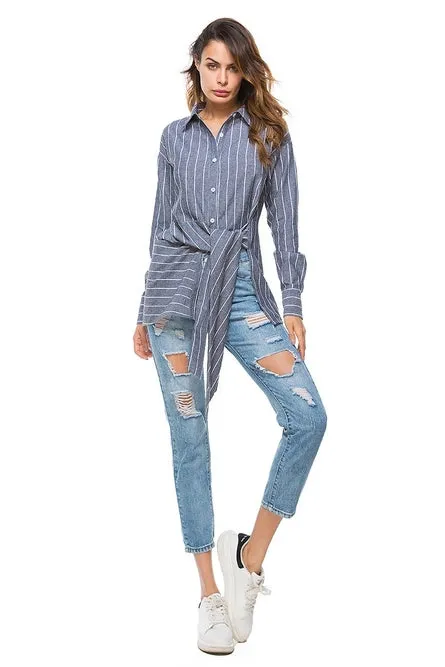 Button Down Cable Long Sleeve Striped Shirt