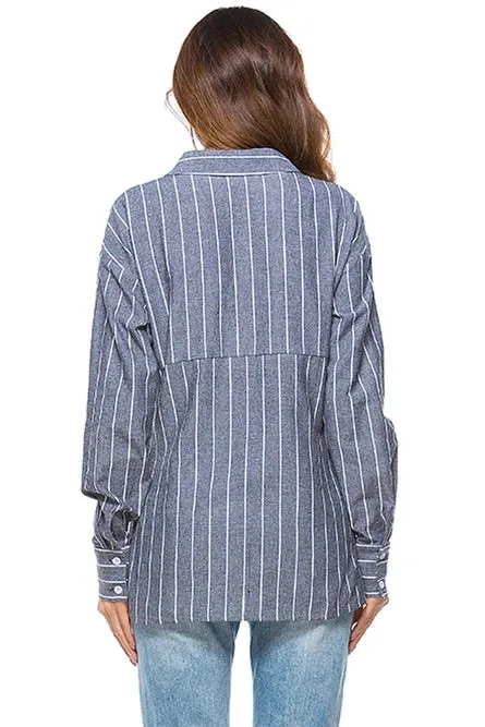 Button Down Cable Long Sleeve Striped Shirt