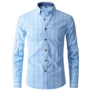 Button High Quality Classic Style Cotton Fabric Solid Color Long Sleeve Business Casual Men's Blue Shirt