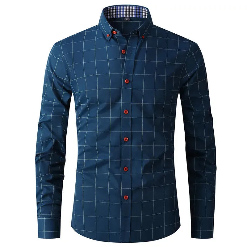 Button High Quality Classic Style Cotton Fabric Solid Color Long Sleeve Business Casual Men's Blue Shirt