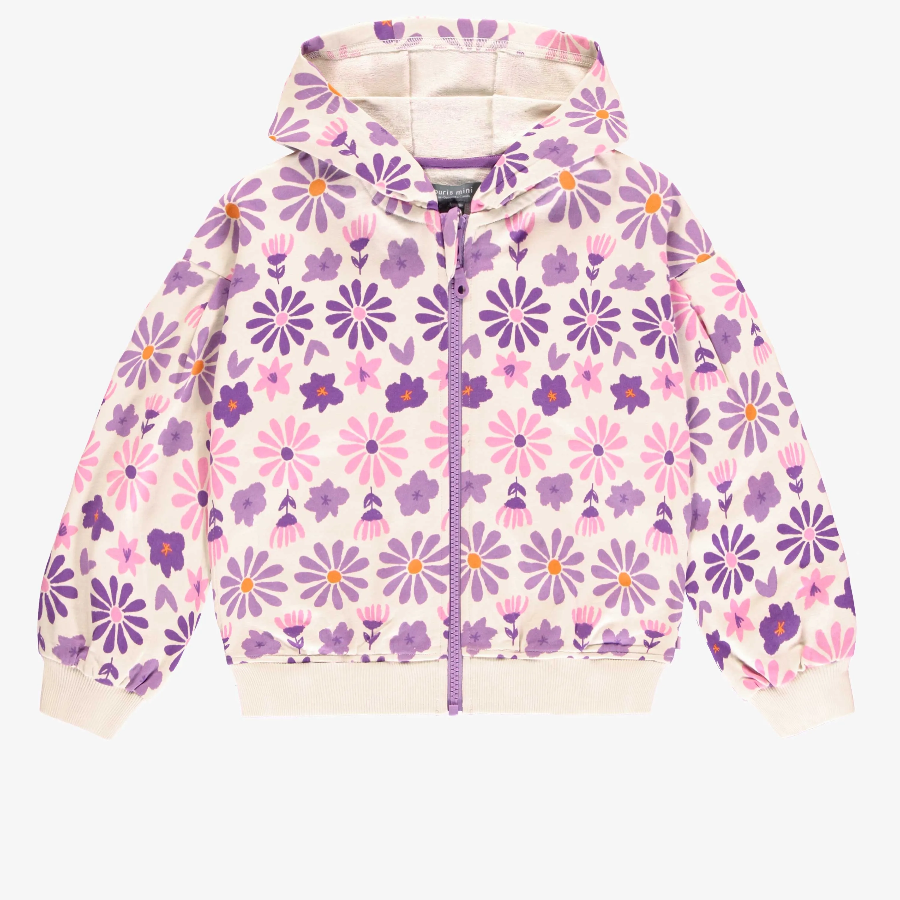 Chandail à capuchon crème fleuri mauve en coton français, enfant || Cream hoodie with purple floral print in French terry, child