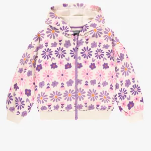 Chandail à capuchon crème fleuri mauve en coton français, enfant || Cream hoodie with purple floral print in French terry, child