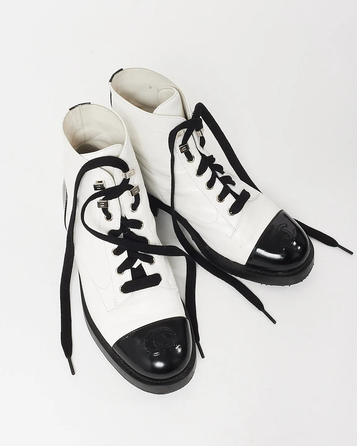 Chanel White Leather & Black Cap Toe Combat Boots - 37.5