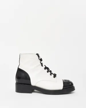 Chanel White Leather & Black Cap Toe Combat Boots - 37.5