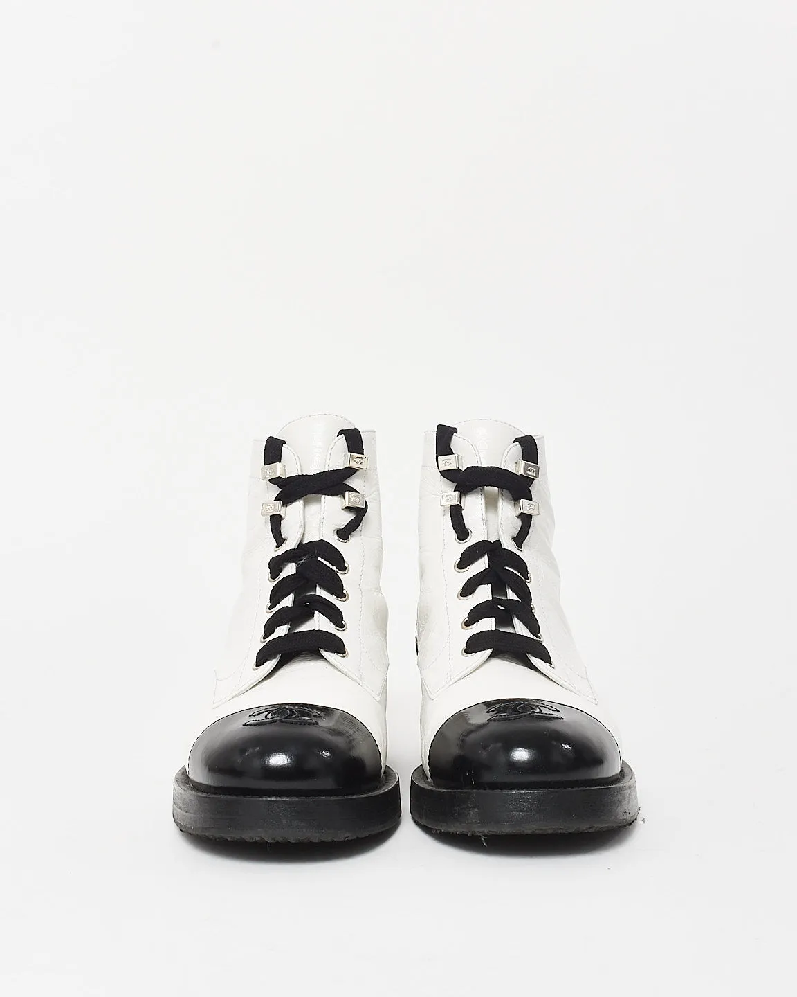 Chanel White Leather & Black Cap Toe Combat Boots - 37.5