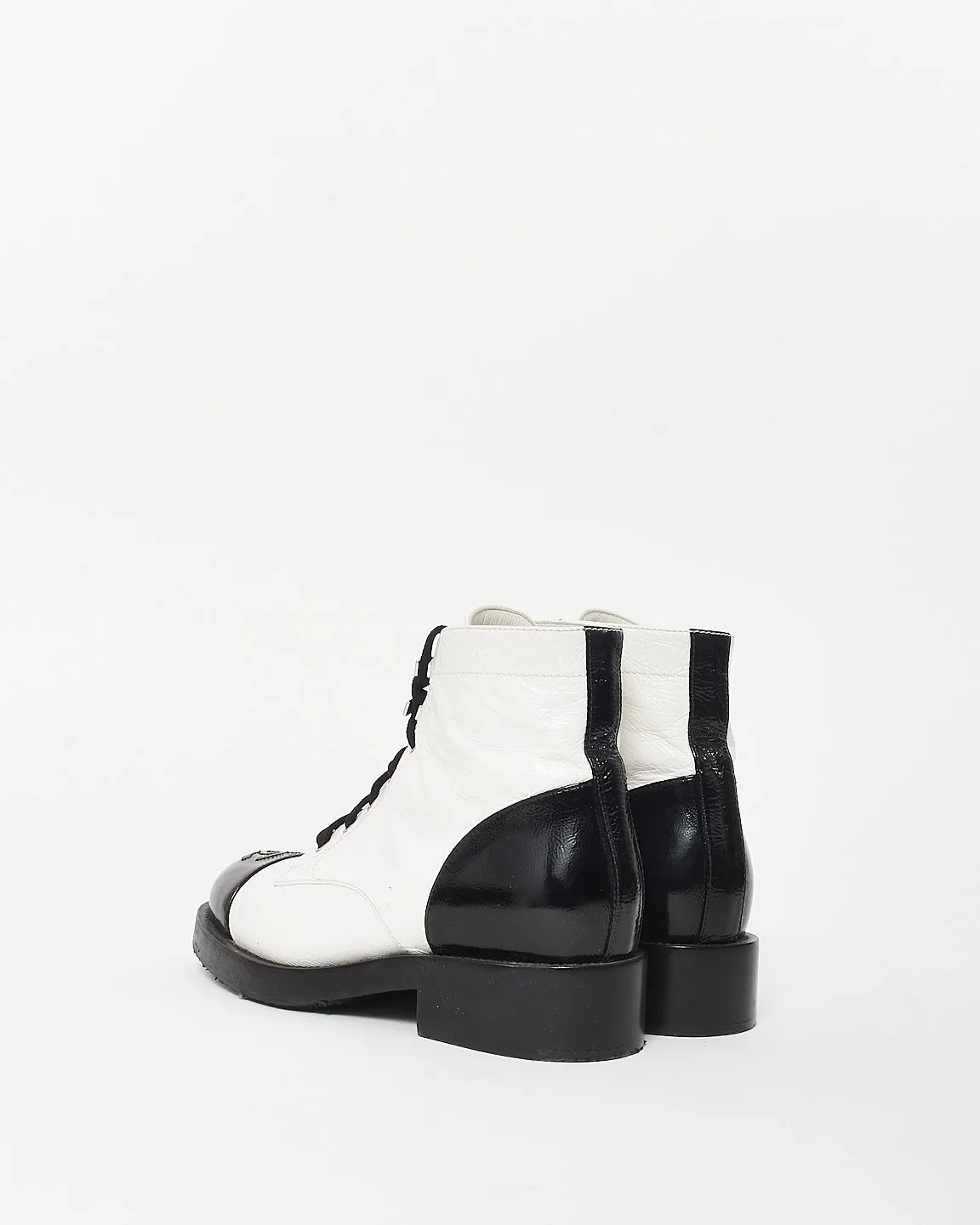 Chanel White Leather & Black Cap Toe Combat Boots - 37.5