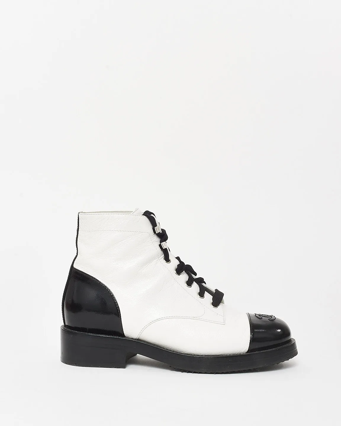 Chanel White Leather & Black Cap Toe Combat Boots - 37.5
