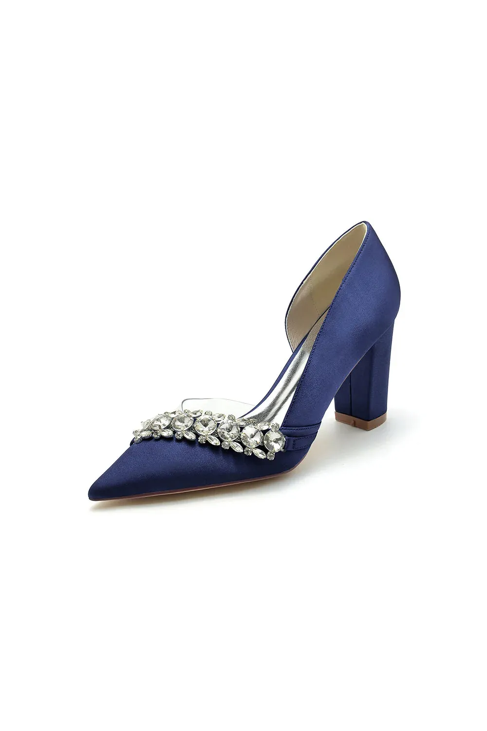 Chic Satin Pointed Toe Slip-on Chunky Heels With Rhinestone
