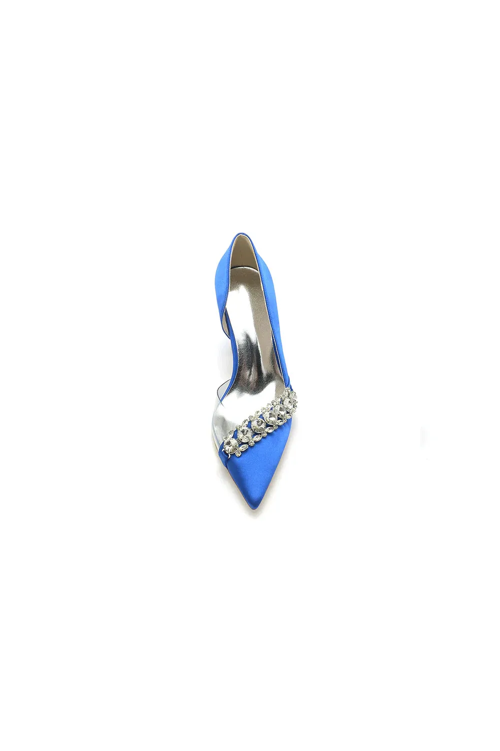 Chic Satin Pointed Toe Slip-on Chunky Heels With Rhinestone