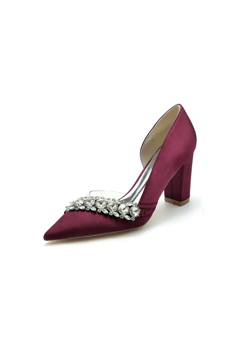 Chic Satin Pointed Toe Slip-on Chunky Heels With Rhinestone