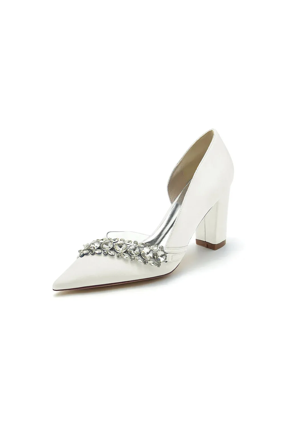 Chic Satin Pointed Toe Slip-on Chunky Heels With Rhinestone