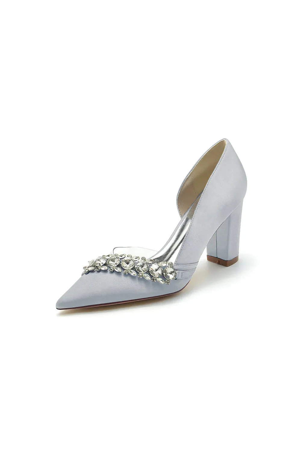 Chic Satin Pointed Toe Slip-on Chunky Heels With Rhinestone