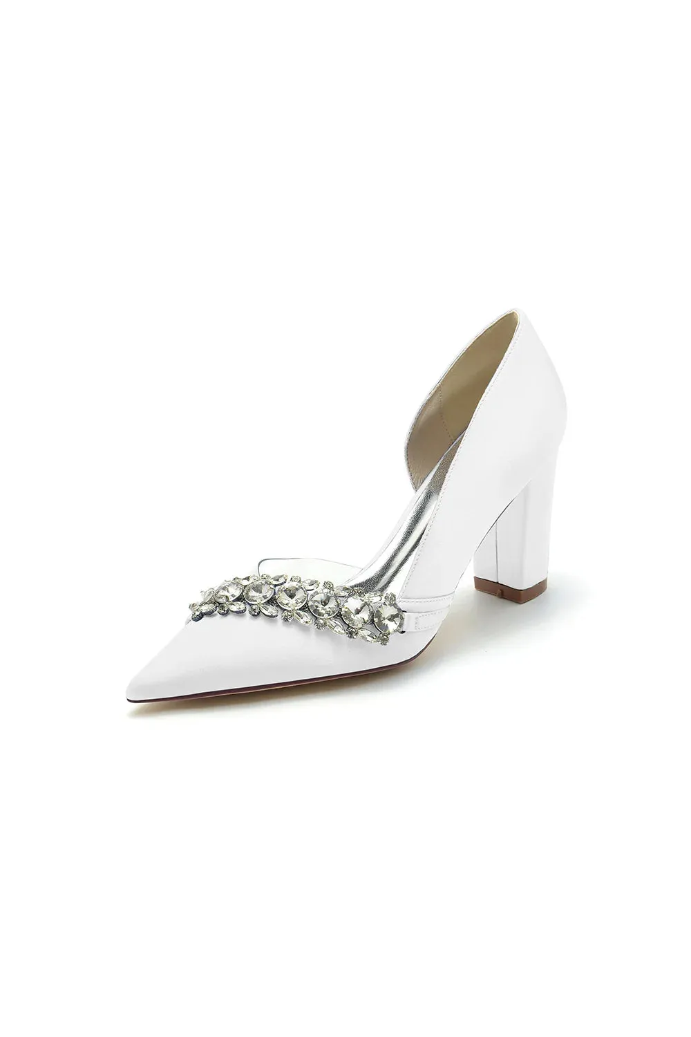 Chic Satin Pointed Toe Slip-on Chunky Heels With Rhinestone
