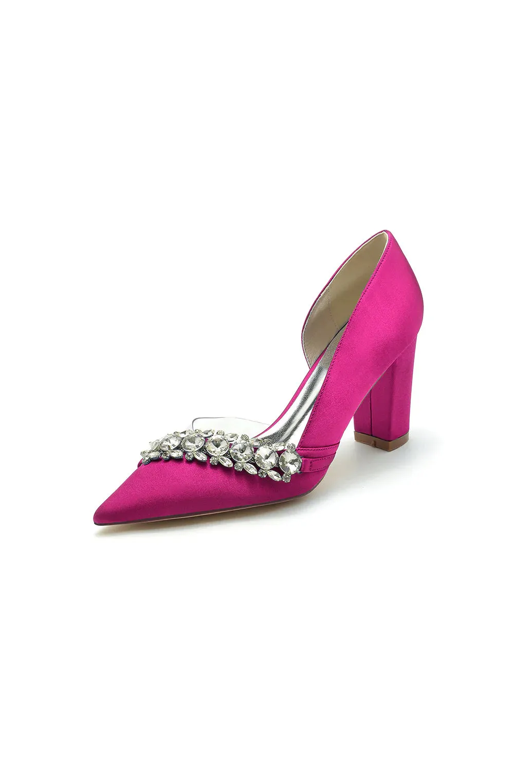 Chic Satin Pointed Toe Slip-on Chunky Heels With Rhinestone
