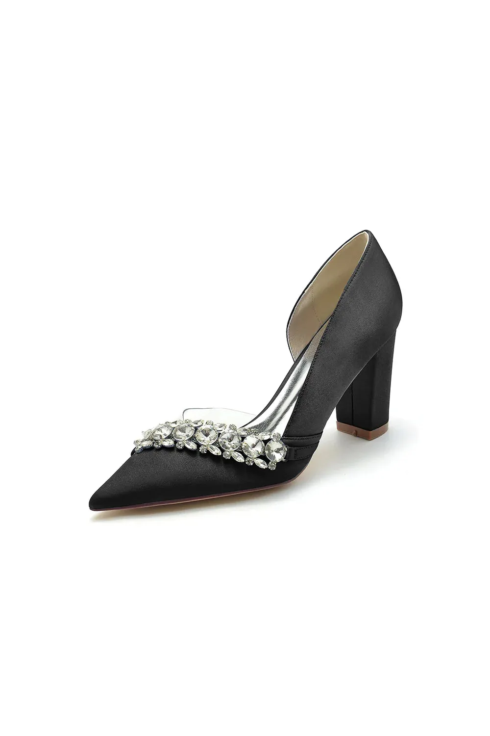 Chic Satin Pointed Toe Slip-on Chunky Heels With Rhinestone